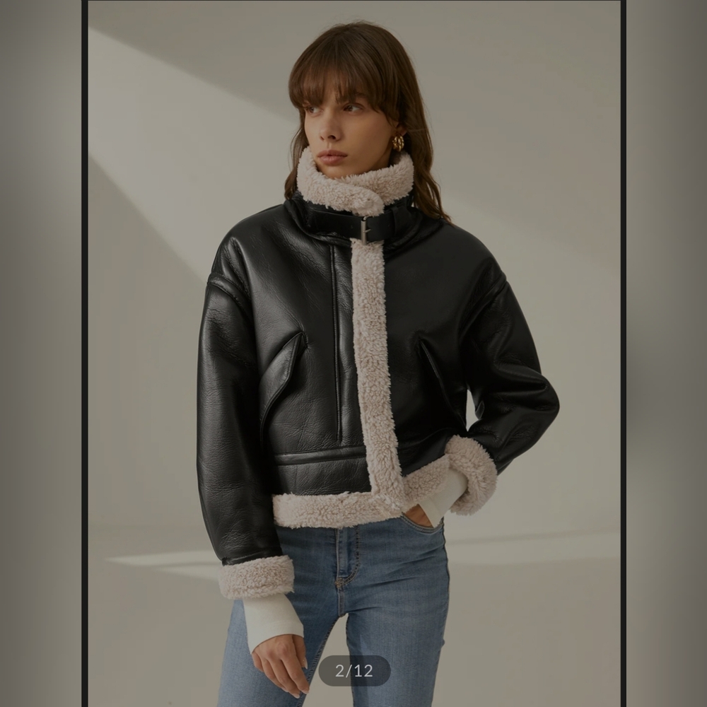 Commense Sherpa Lined Shearling Leather Flight Jacket in XL